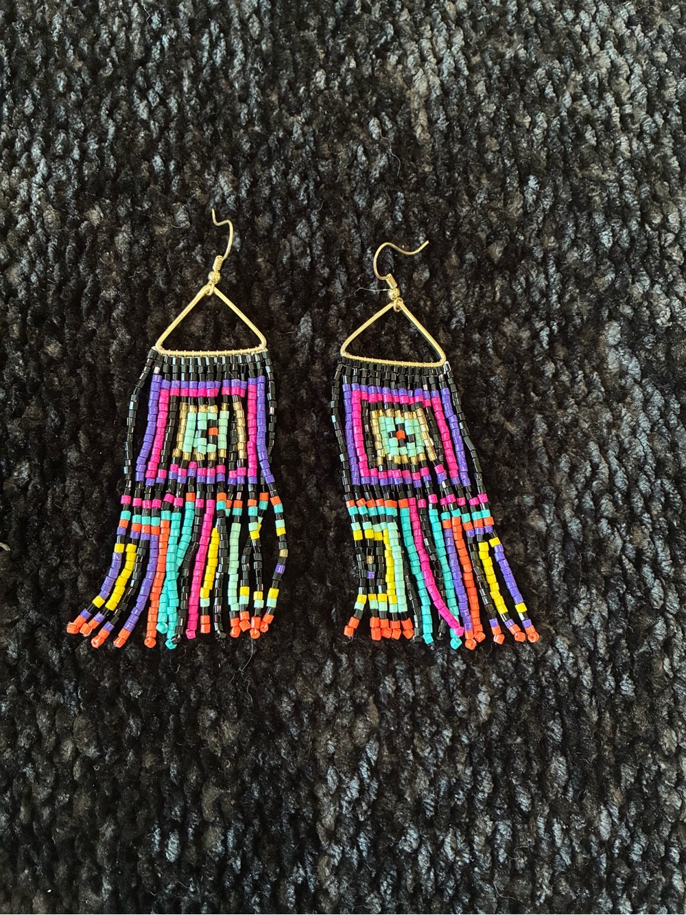 Handmade Multicolor Beaded Fringe Earrings with Gold Hooks